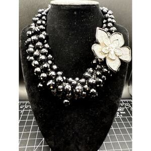 White House Black Market Assymetrical Flower Multi-Strand Jet Bead Necklace